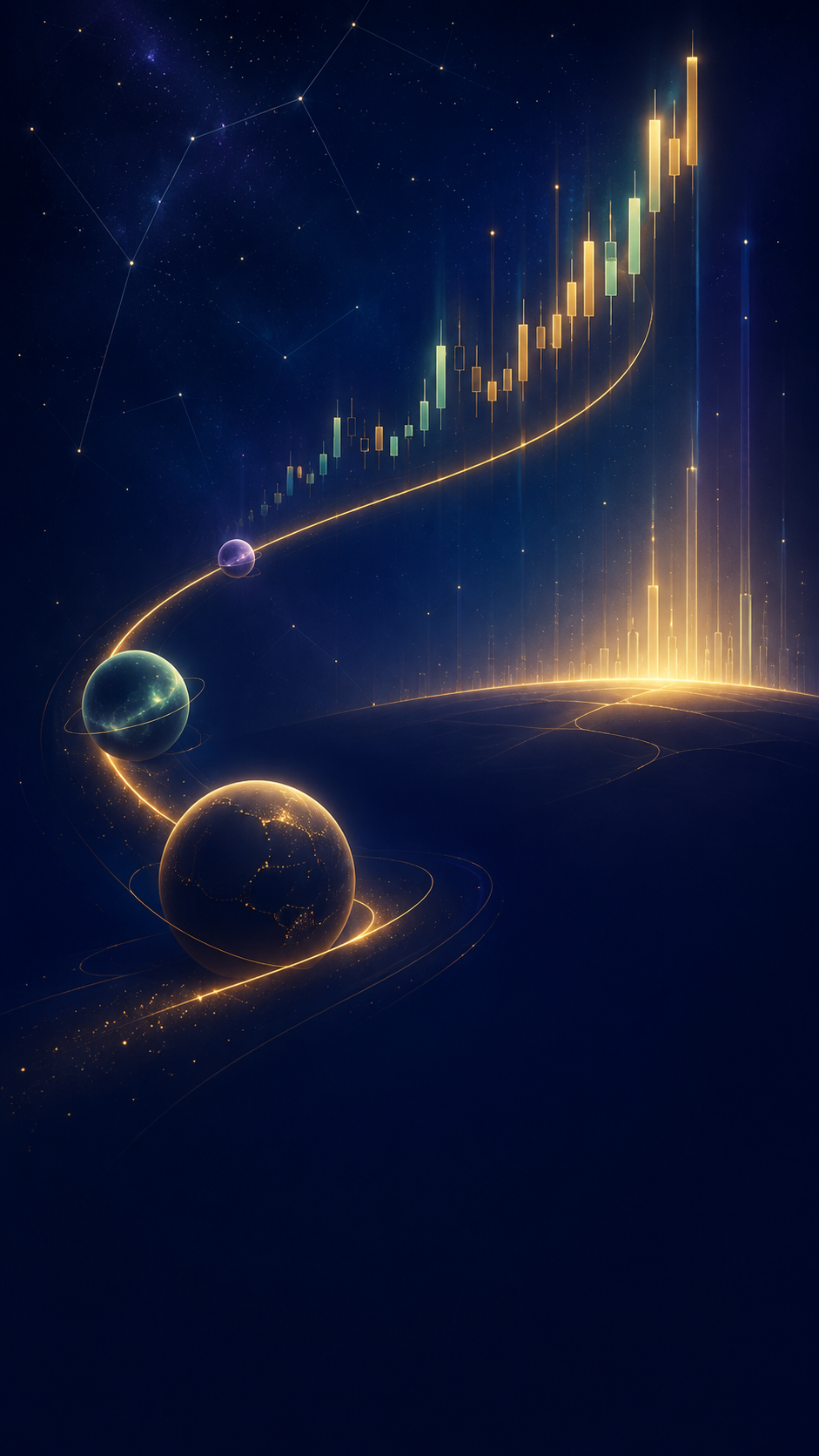 A luminous financial orbit rising through a night sky